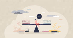 Pros and cons comparison with benefits and risks balance tiny person concept