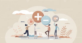 Pros and cons as various feedback opinion comparison tiny person concept