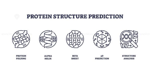 Protein structure prediction icons show protein folding, alpha helix, and beta sheet concepts in a clear outline style. Outline icons set