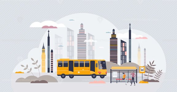 Public transportation with vehicles and city stations tiny person concept