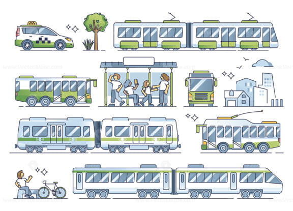 Public transportation types for passenger rides outline collection set