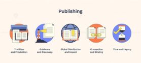 Publishing theme with icons of books, lighthouse, and globe symbolizing tradition, guidance, and global impact. Neubrutalism style