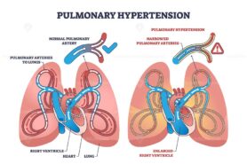 Pulmonary hypertension with narrow arteries and blockage outline diagram