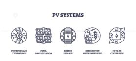 PV systems icons outline showing photovoltaic technology, panel configuration, and energy storage. Outline icons set