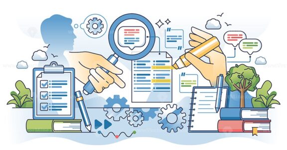 Qualitative content analysis and deep text data study outline hands concept