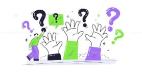 Question and answer session with raised hands and question marks, symbolizing curiosity and engagement. Playful style