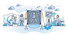 Radiology and medical diagnosis with x-ray or MRI technology outline concept