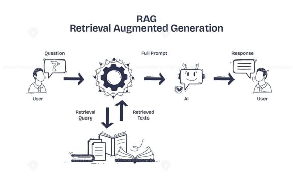 RAG process shows user queries leading to AI responses via text retrieval. Key objects, user, AI, books. Doodle style diagram