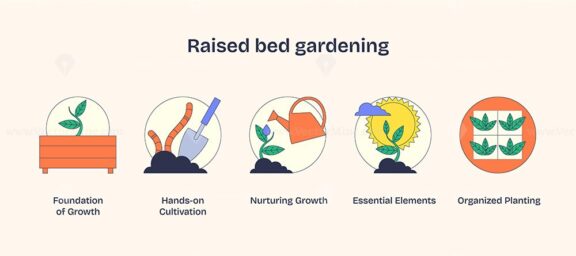 Raised bed gardening icons depict growth, cultivation, and organization with plants, tools, and sun. Neubrutalism style