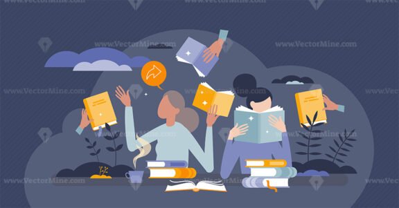 Reading and sharing books to change literature with other tiny person concept
