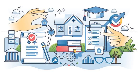 Real estate classes for housing market bachelor degree outline hands concept