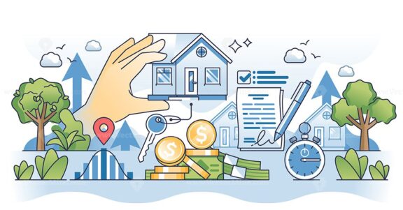 Real estate investment and house sale bank agreement outline hands concept