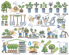 Reforestation preparation and tree planting work outline collection set