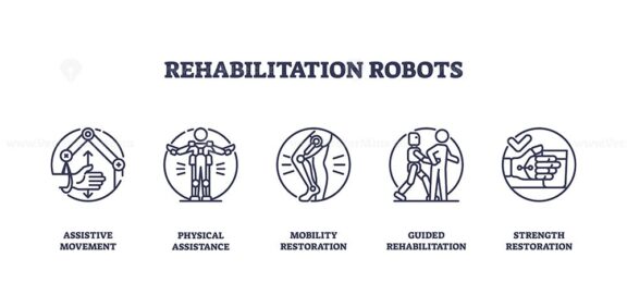 Rehabilitation robots icons illustrate assistive movement, physical assistance, and mobility restoration with simple line art. Outline icons set