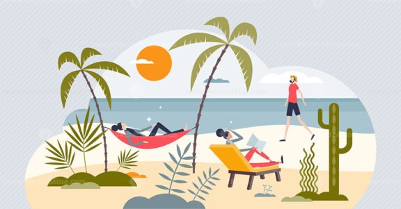 Relaxation and leisure with calm vacation at beach tiny person concept