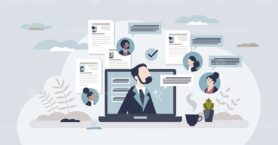 Remote hiring and online job interview with CV research tiny person concept