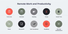 Remote work and productivity icons feature to-do list, calendar, and meeting symbols. Icons set