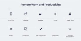 Remote work icons depict productivity tools like to-do lists, calendars, and meetings. Icons set