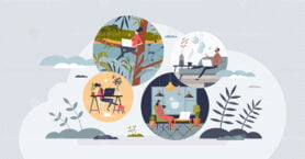 Remote work and different workspaces of freelance job tiny person concept