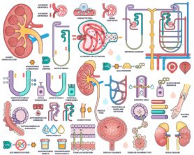 Renal system and kidney function illustrated with kidney cross-section, nephron anatomy, and urine formation process. Outline style worksheet collection