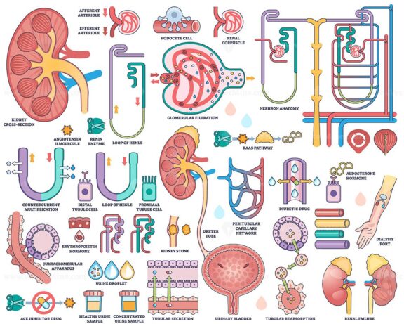 Renal system and kidney function illustrated with kidney cross-section, nephron anatomy, and urine formation process. Outline style worksheet collection
