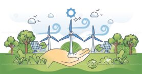 Renewable energy with solar panels and wind turbines outline hands concept