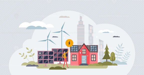 Renewable energy sources with solar and wind power tiny person concept