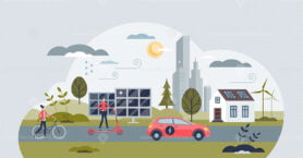 Renewable energy sources and green powered transportation tiny person concept
