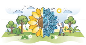 Renewable energy sources with solar electricity panels outline concept