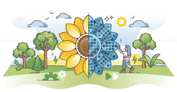 Renewable energy sources with solar electricity panels outline concept