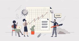 Reporting tools and financial business report retro tiny person concept