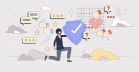 Reputation management with PR service tiny person neubrutalism concept
