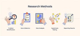 Research methods visualized with hands holding tools for problem-solving, data analysis, and reporting. Neubrutalism hands concept