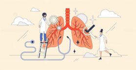 The respiratory system is depicted with lungs, stethoscope, and magnifying glass, highlighting medical analysis in Neubrutalism style.