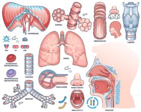 Respiratory system diagram shows lungs, trachea, and alveoli with labeled parts for educational worksheets. Outline style collection
