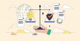Responsible AI is shown by a hand balancing a scale with a lightbulb and shield, symbolizing ethics and innovation. Neubrutalism hands concept
