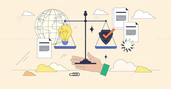 Responsible AI is shown by a hand balancing a scale with a lightbulb and shield, symbolizing ethics and innovation. Neubrutalism hands concept