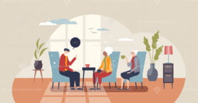 Retirement home or elderly seniors health and mental care tiny person concept