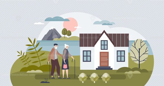 Retirement planning and pension age security with house tiny person concept