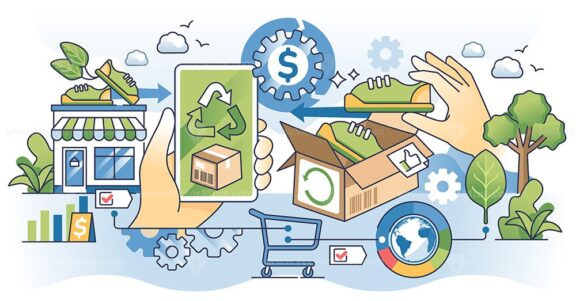 Reverse commerce or recommerce sale business model outline hands concept