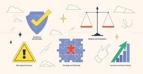 Conceptual icons representing risk management with shield, scale, and puzzle in neubrutalism style collection.