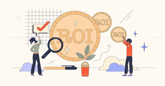 ROI or return of financial investment in neubrutalism tiny person concept