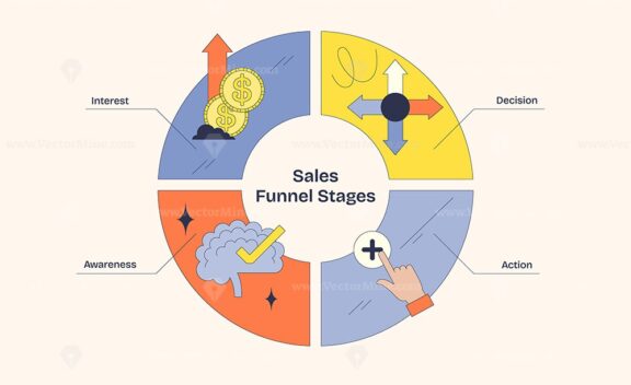 Sales funnel stages depicted with icons for awareness, interest, decision, and action in a circular layout. Neubrutalism style diagram.