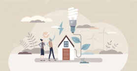 Save earth with energy saving at home and green power tiny person concept
