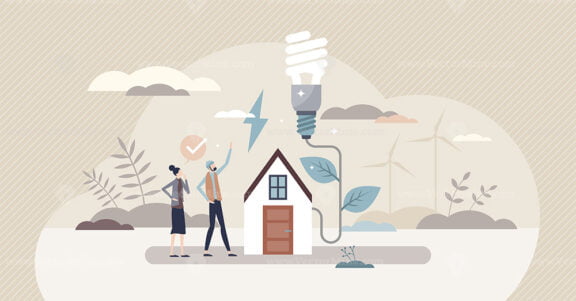 Save earth with energy saving at home and green power tiny person concept