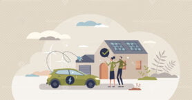 Save earth and switch to green energy electric vehicle tiny person concept