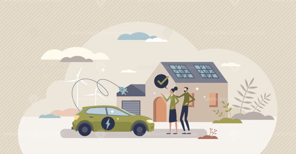 Save earth and switch to green energy electric vehicle tiny person concept