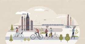 Save earth and use walking, cycling and public transport tiny person concept