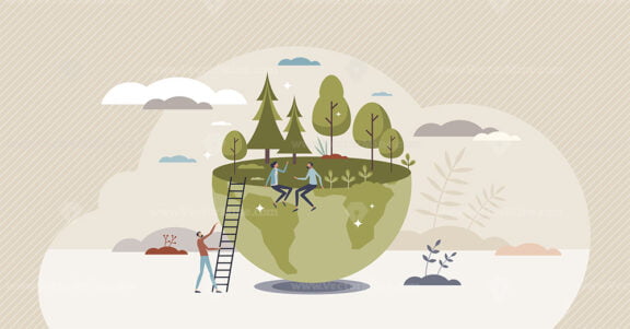 Save trees and protect green environmental resources tiny person concept