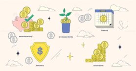 Illustration of savings with piggy bank, plant, and calendar in neubrutalism style collection.